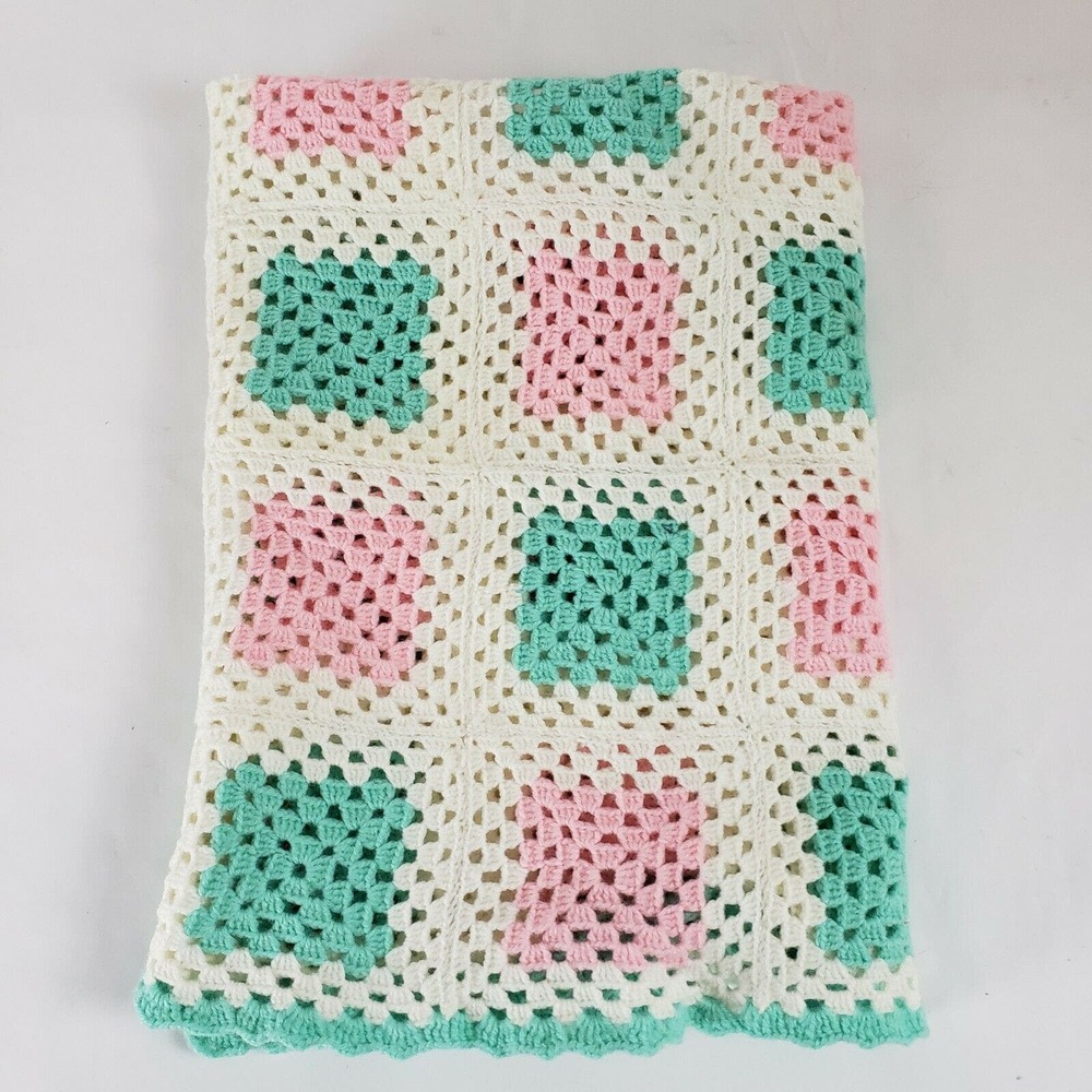 Crocheted Baby Lap Blanket Afghan Throw Handmade Pink Off-White Green 36” x 68” - Picture 6 of 6